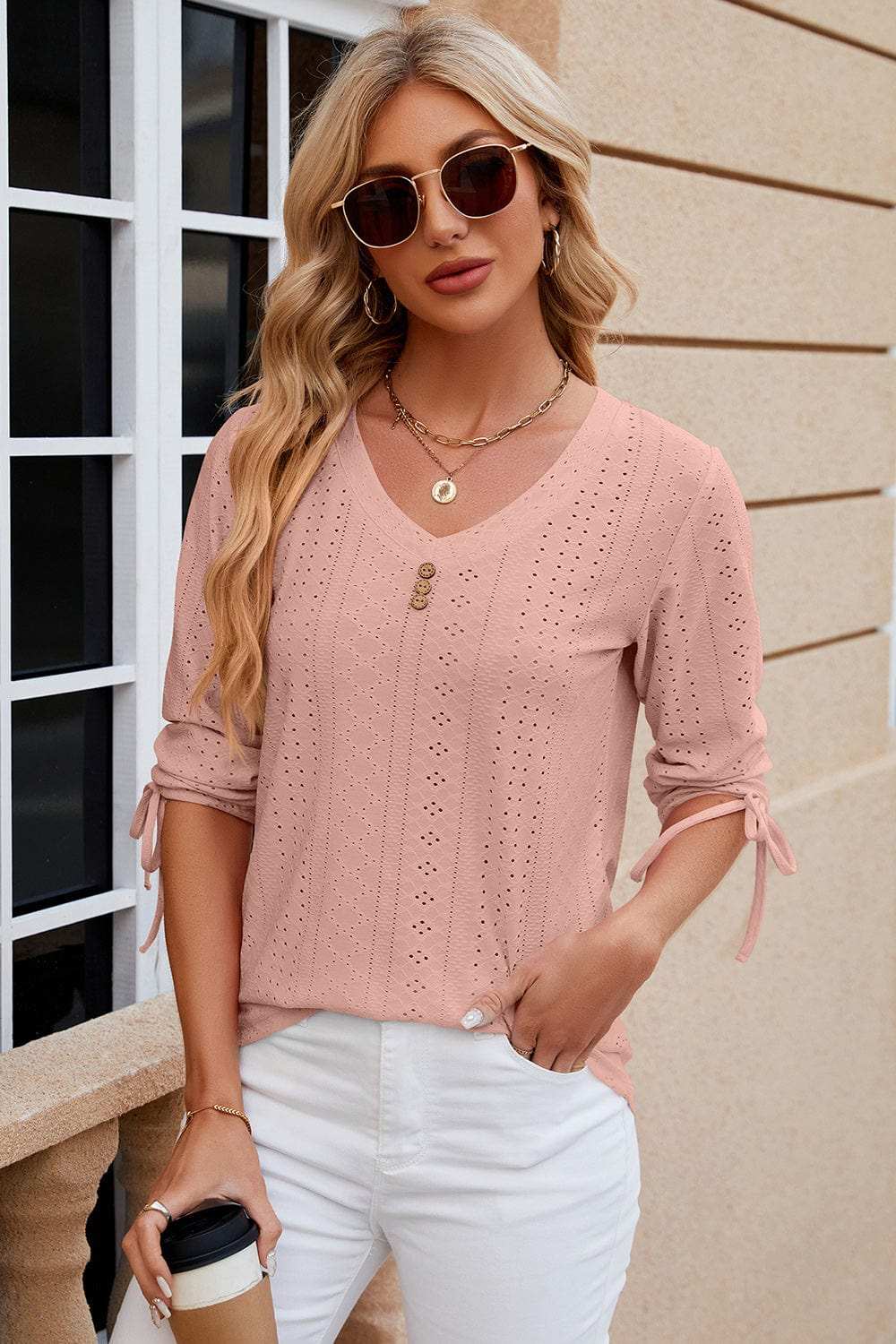 Eyelet Drawstring V-Neck Half Sleeve T-Shirt - Trendsi - Flyclothing LLC