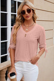 Eyelet Drawstring V-Neck Half Sleeve T-Shirt - Trendsi - Flyclothing LLC