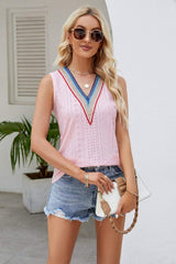 Contrast V-Neck Eyelet Tank - Trendsi - Flyclothing LLC