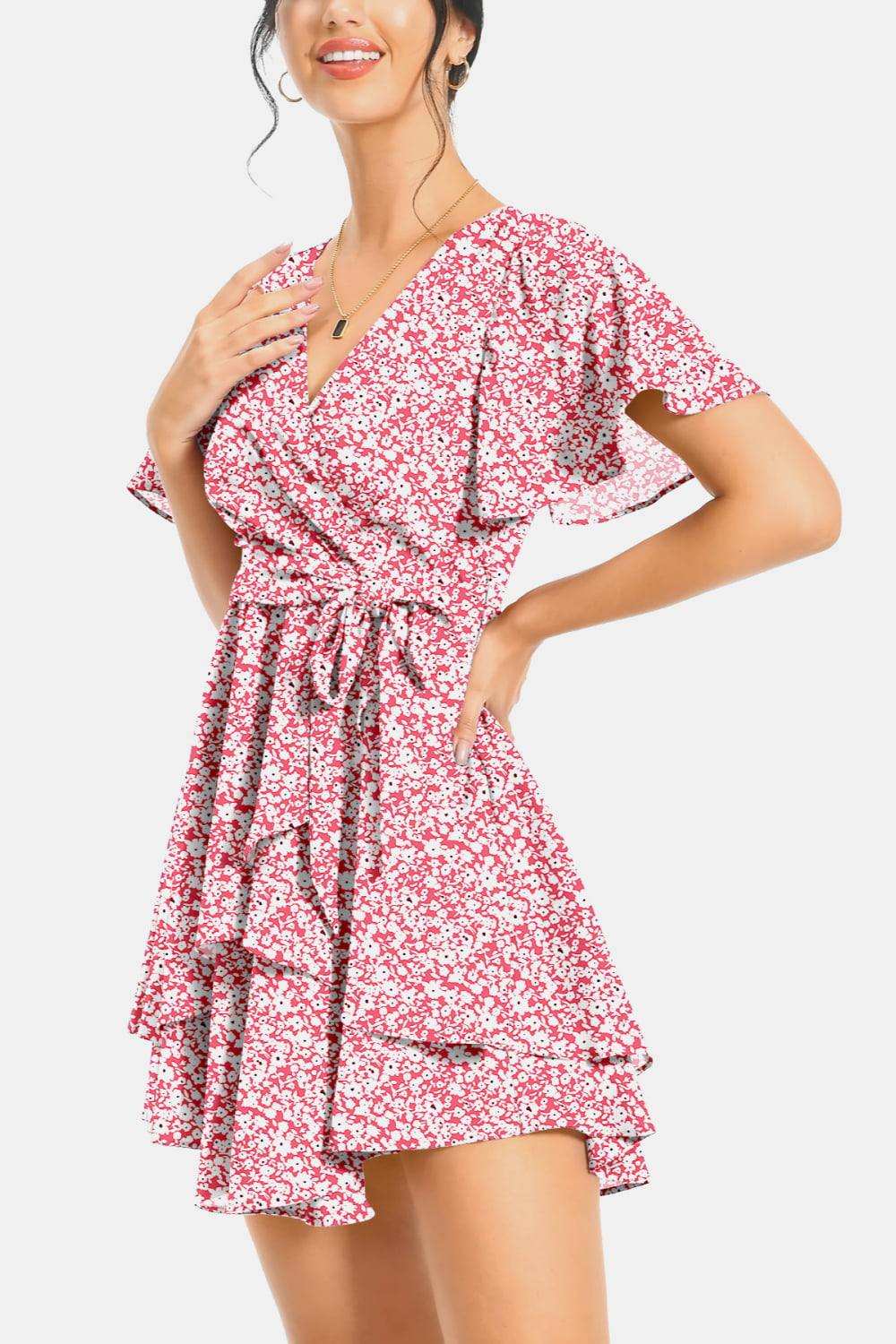 Surplice Neck Flutter Sleeve Dress - Trendsi - Flyclothing LLC