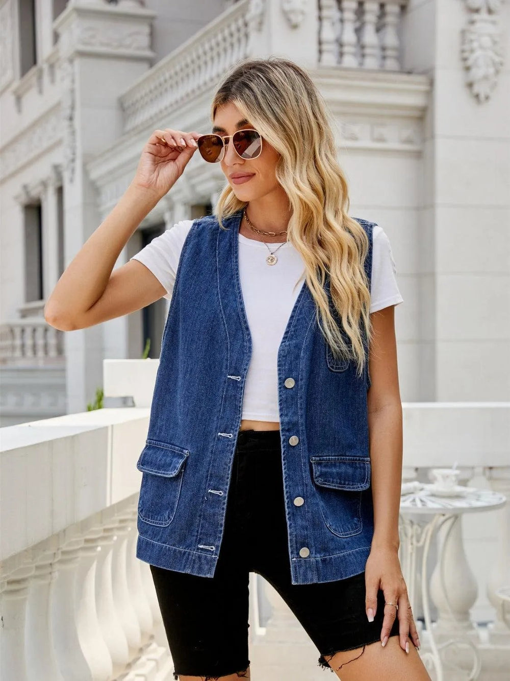 Button Down Denim Vest - Trendsi