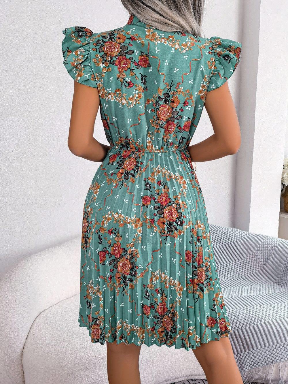 Pleated Floral Printed Tie Neck Knee Length Dress - Trendsi