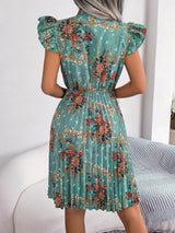 Pleated Floral Printed Tie Neck Knee Length Dress - Trendsi - Flyclothing LLC