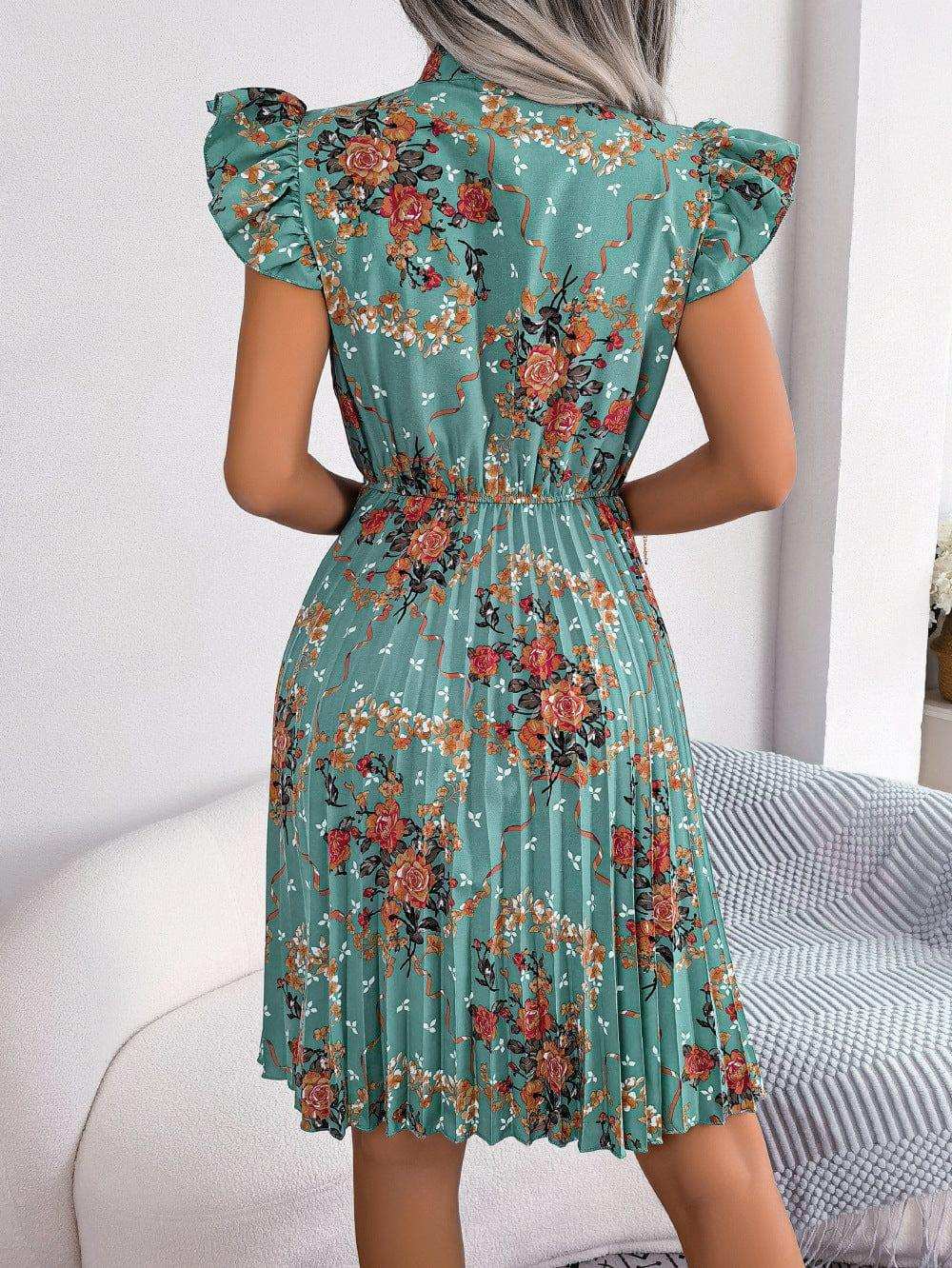 Pleated Floral Printed Tie Neck Knee Length Dress - Trendsi - Flyclothing LLC