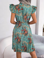 Pleated Floral Printed Tie Neck Knee Length Dress - Trendsi