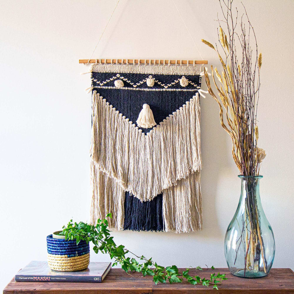 Handwoven Boho Wall Hanging, Charcoal & Cream - Asha Handicrafts - Flyclothing LLC