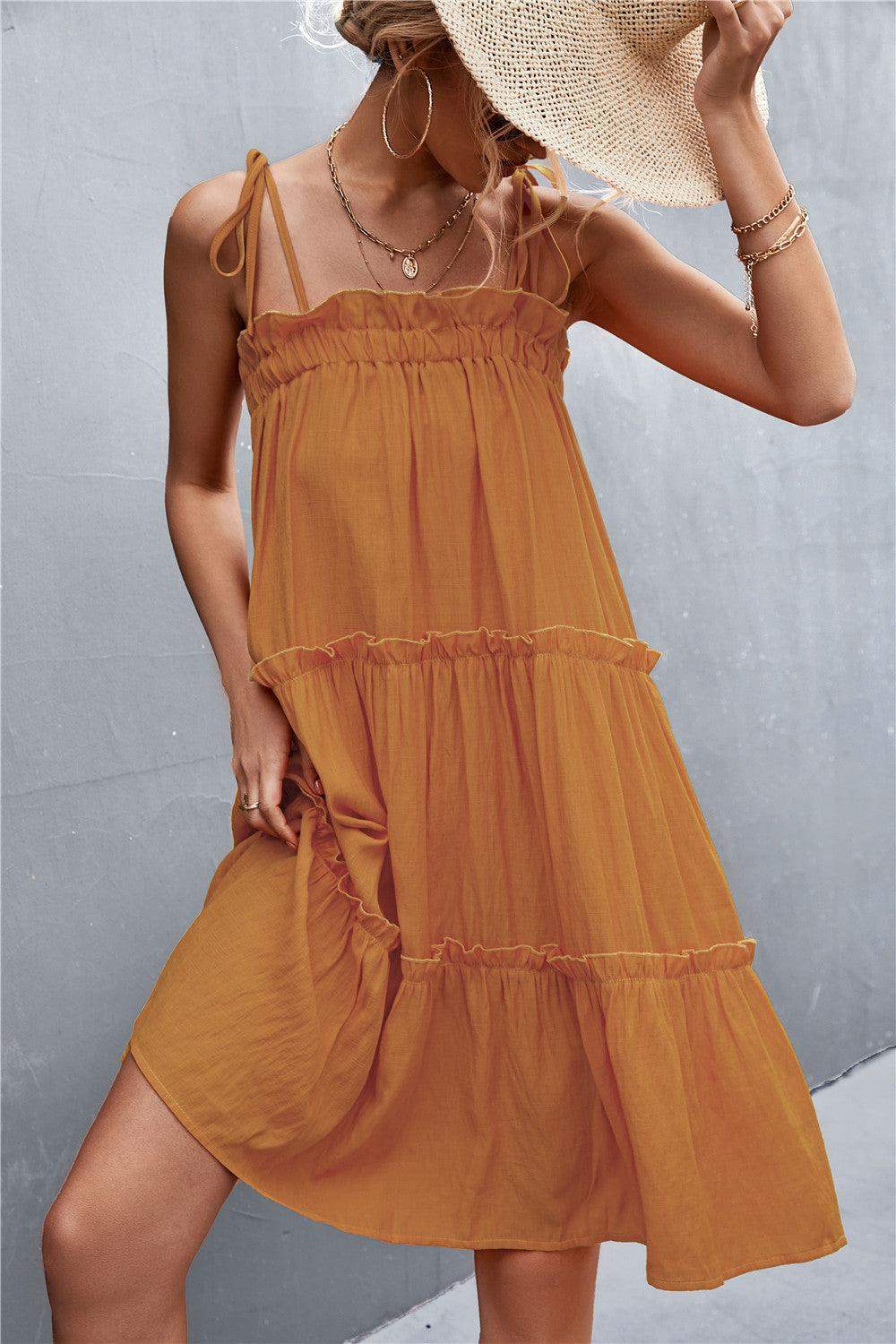 Tie-Shoulder Frill Trim Sleeveless Dress - Trendsi - Flyclothing LLC