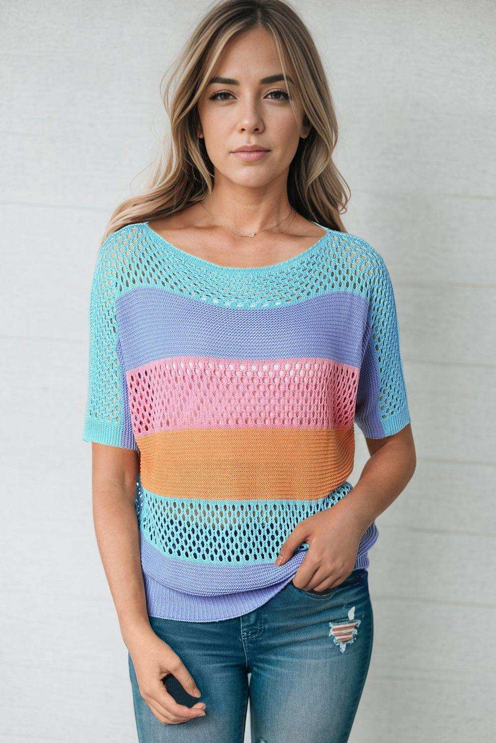 Color Block Openwork Round Neck Pullover Sweater - Trendsi - Flyclothing LLC
