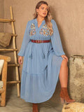 Plus Size Polka Dot Tie Neck Balloon Sleeve Maxi Dress - Trendsi