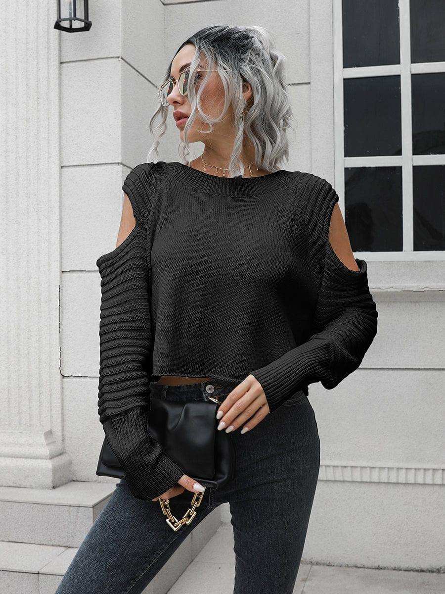 Cold-Shoulder Ribbed Trim Sweater - Trendsi - Flyclothing LLC