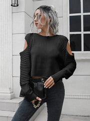 Cold-Shoulder Ribbed Trim Sweater - Trendsi