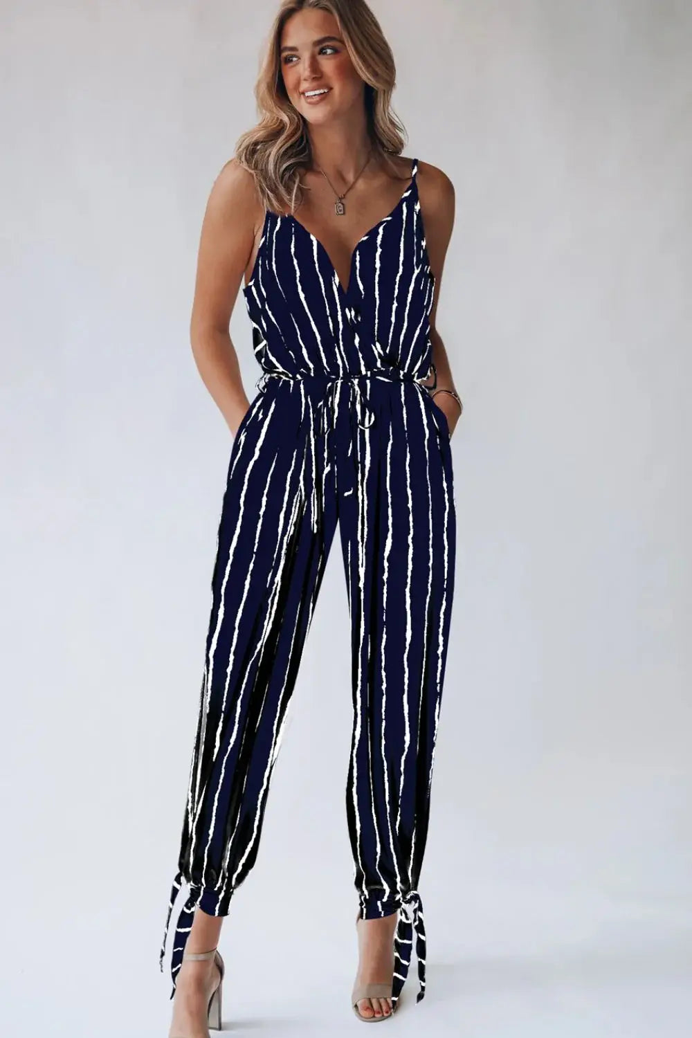 Striped Contrast Tie Ankle Spaghetti Strap Jumpsuit - Trendsi - Flyclothing LLC