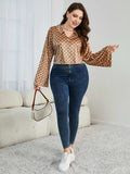 Plus Size Checkered Johnny Collar Flare Sleeve Shirt - Trendsi - Flyclothing LLC