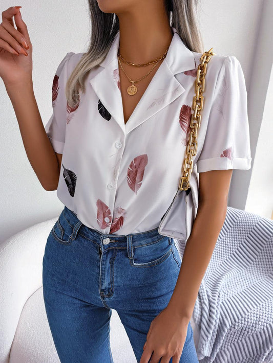 Feather Print Lapel Collar Puff Sleeve Shirt - Trendsi