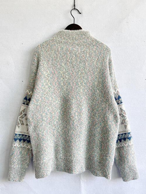 Geometric Mock Neck Dropped Shoulder Sweater - Trendsi
