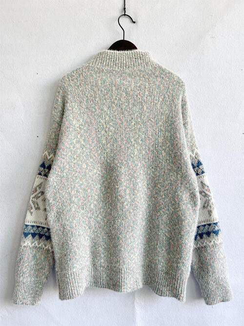 Geometric Mock Neck Dropped Shoulder Sweater - Trendsi - Flyclothing LLC