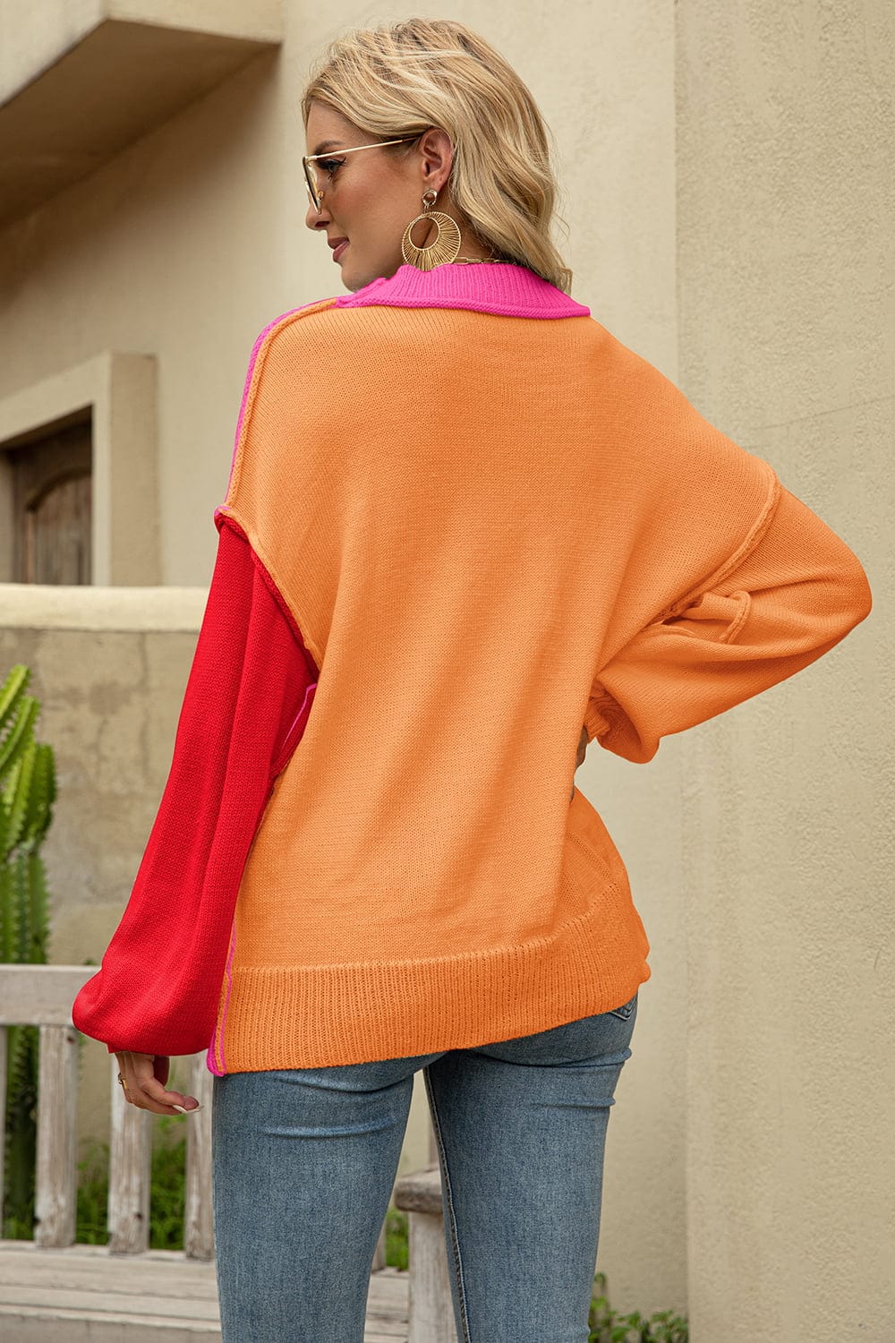 Color Block Round Neck Dropped Shoulder Sweater - Trendsi - Flyclothing LLC