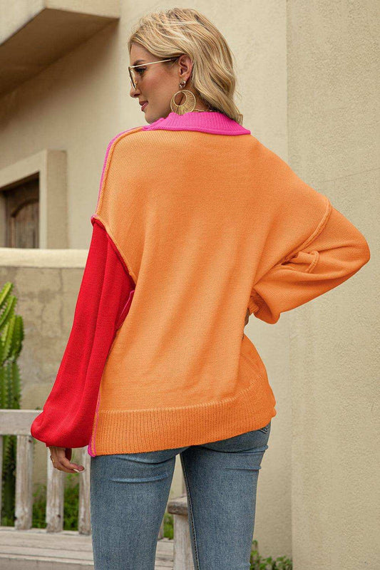 Color Block Round Neck Dropped Shoulder Sweater - Trendsi - Flyclothing LLC