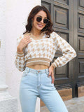Houndstooth Johnny Collar Cropped Sweater - Trendsi - Flyclothing LLC