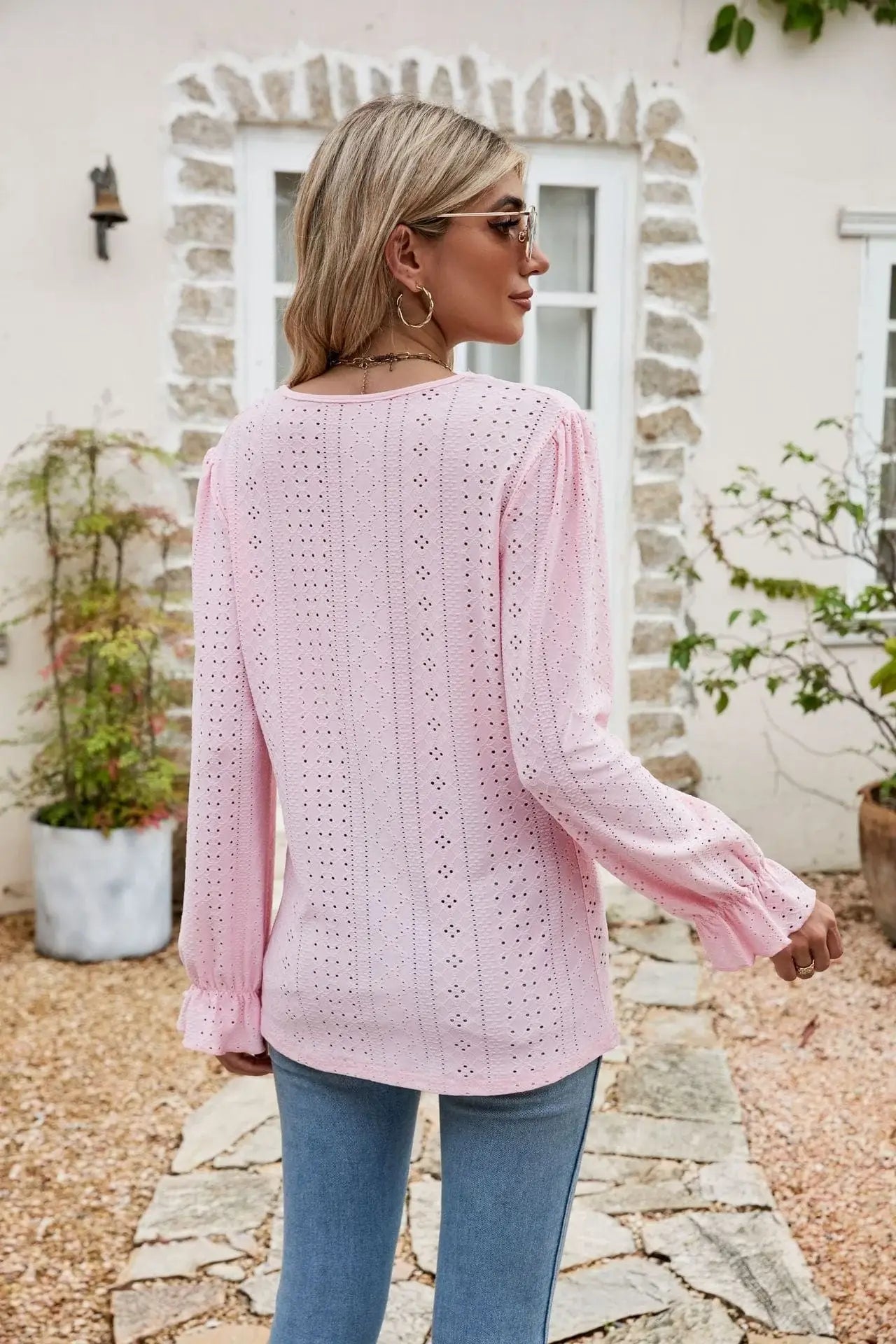 Eyelet Lace Trim Flounce Sleeve Blouse - Trendsi - Flyclothing LLC