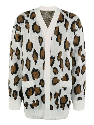 Leopard Open Front Dropped Shoulder Cardigan - Trendsi