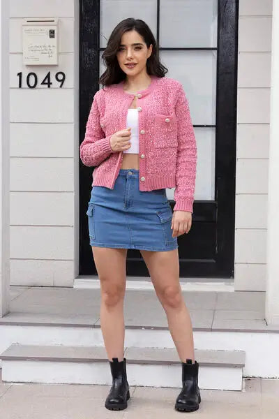 Button Up Round Neck Cardigan - Trendsi - Flyclothing LLC