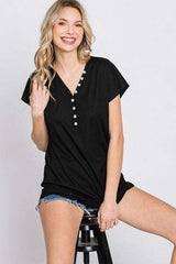 Heimish Full Size Front Button V-Neck Short Sleeve T-Shirt - Trendsi - Flyclothing LLC