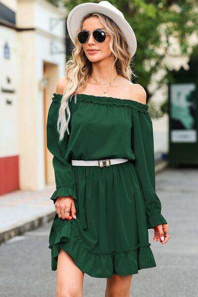 Frill Off-Shoulder Flounce Sleeve Dress - Trendsi - Flyclothing LLC