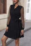 Lapel Collar Tied Mesh Long Sleeve Dress - Trendsi