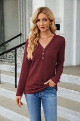Cable-Knit Long Sleeve V-Neck T-Shirt - Trendsi