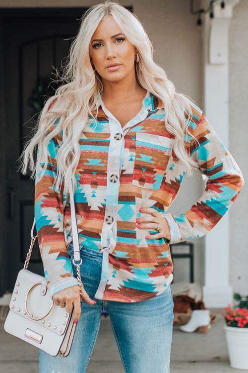 Printed Button Up Long Sleeve Shirt - Trendsi - Flyclothing LLC