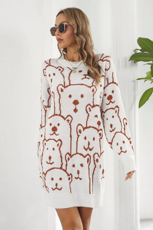 Bear Pattern Round Neck Sweater Dress - Trendsi