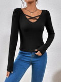Ribbed Crisscross V-Neck Long Sleeve Knit Top - Trendsi
