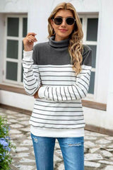 Striped Contrast Turtleneck Sweater - Flyclothing LLC