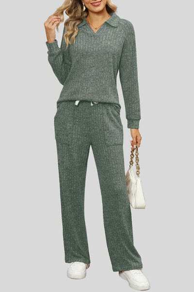 Ribbed Long Sleeve Top and Pocketed Pants Set - Trendsi - Flyclothing LLC