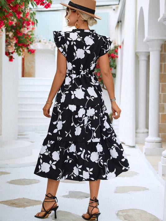 Floral Frill Trim V-Neck Tiered Midi Dress - Trendsi