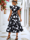 Floral Frill Trim V-Neck Tiered Midi Dress - Trendsi