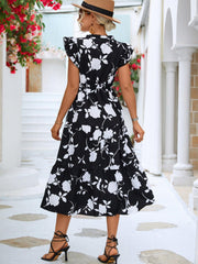 Floral Frill Trim V-Neck Tiered Midi Dress - Flyclothing LLC