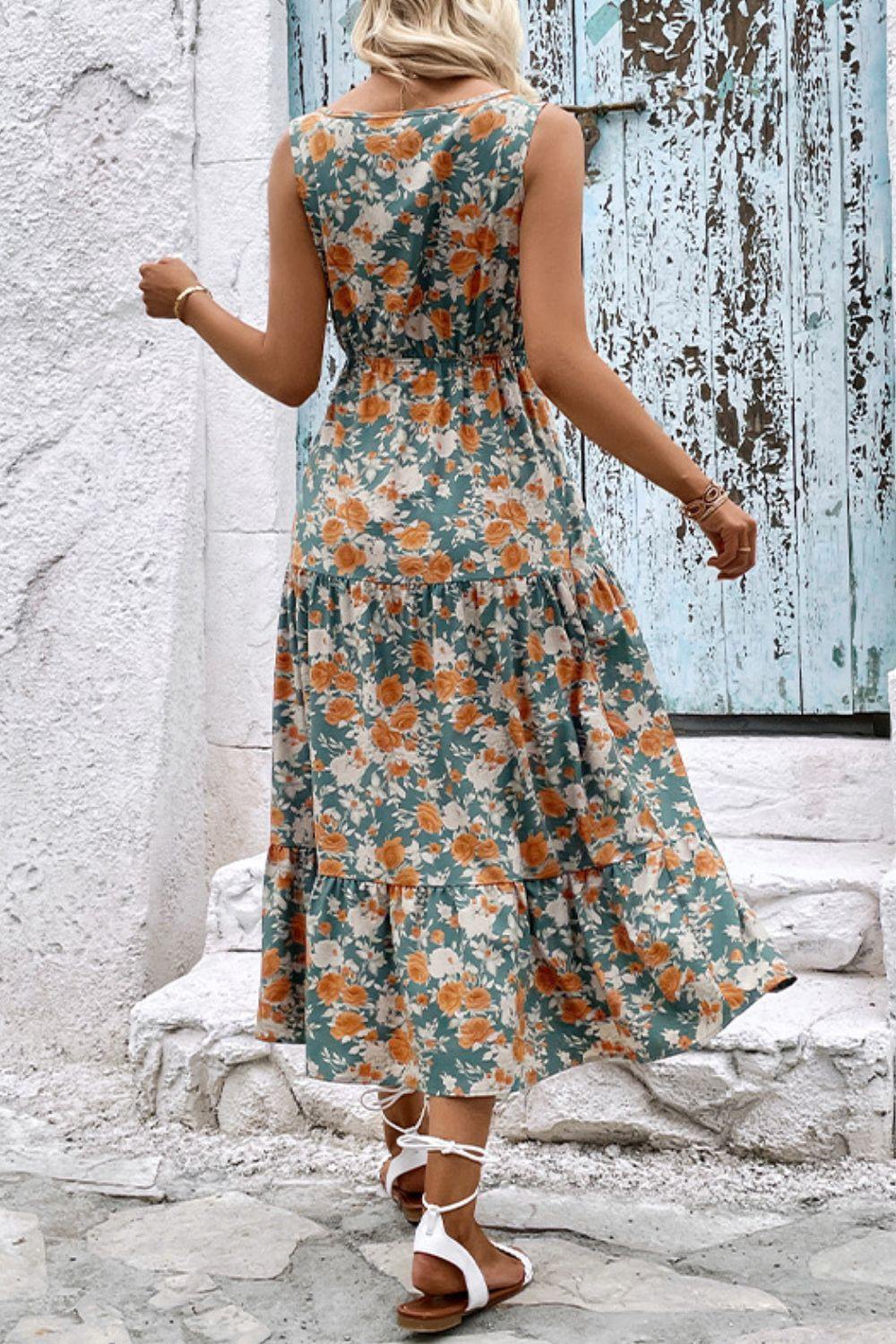 Floral V-Neck Tiered Sleeveless Dress - Trendsi