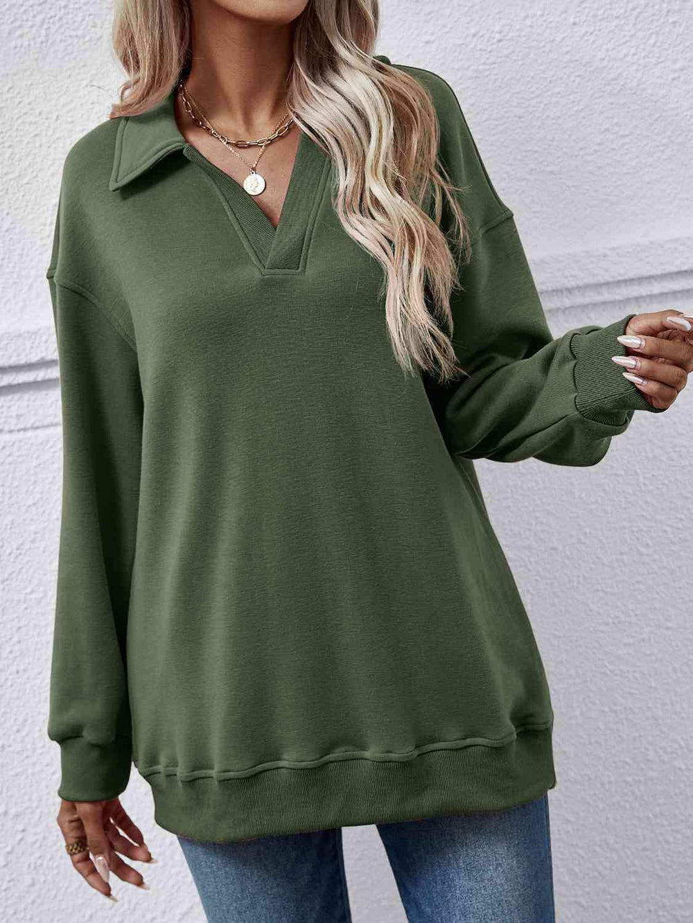 Collared Neck Dropped Shoulder Sweatshirt - Trendsi - Flyclothing LLC