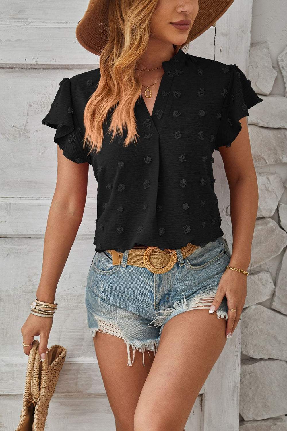 Swiss Dot Notched Cap Sleeve T-Shirt - Trendsi - Flyclothing LLC