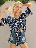 Tied Printed Button Up V-Neck Blouse - Trendsi - Flyclothing LLC