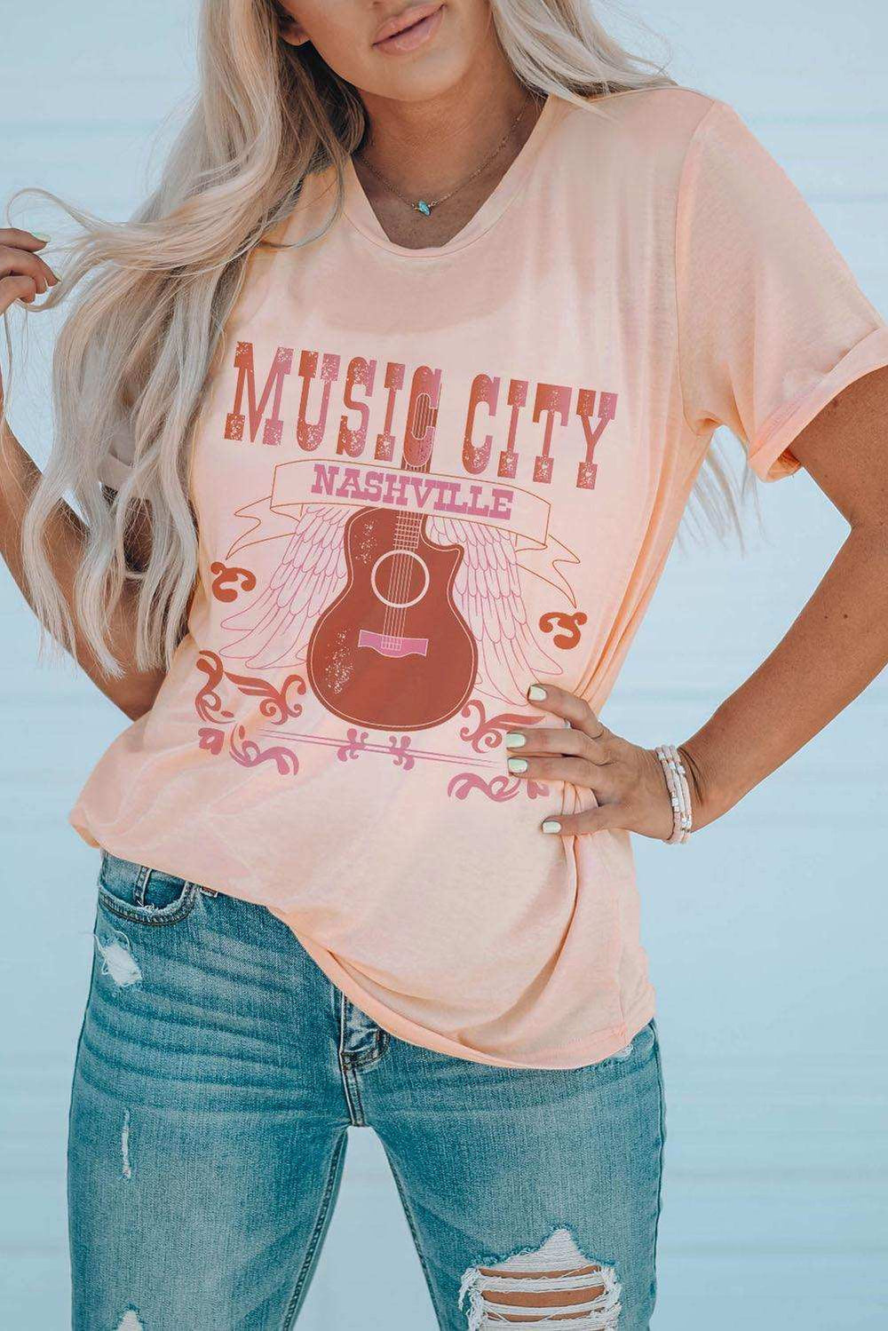 MUSIC CITY Cuffed Short Sleeve Tee - Trendsi - Flyclothing LLC