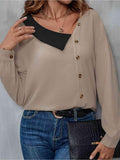 Asymmetrical Neck Buttoned Long Sleeve Top - Trendsi