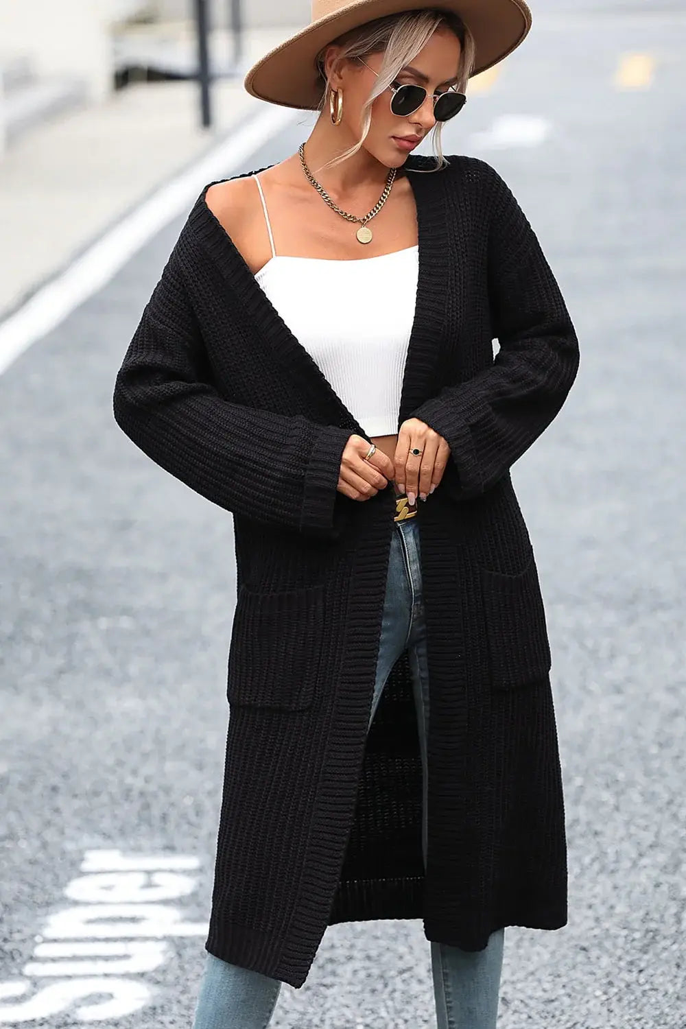 Dropped Shoulder Long Sleeve Cardigan with Pocket - Trendsi - Flyclothing LLC