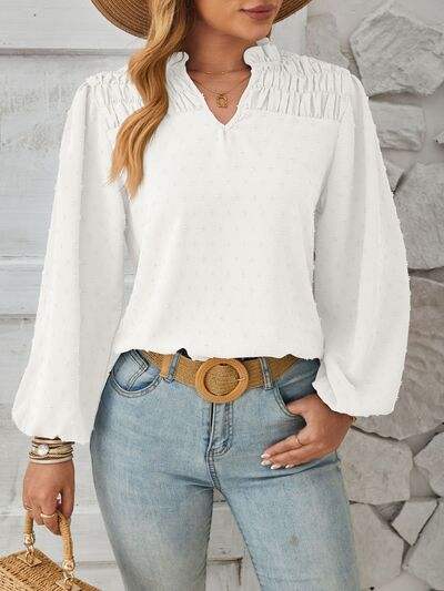 Ruched Swiss Dot Notched Balloon Sleeve T-Shirt - Trendsi - Flyclothing LLC
