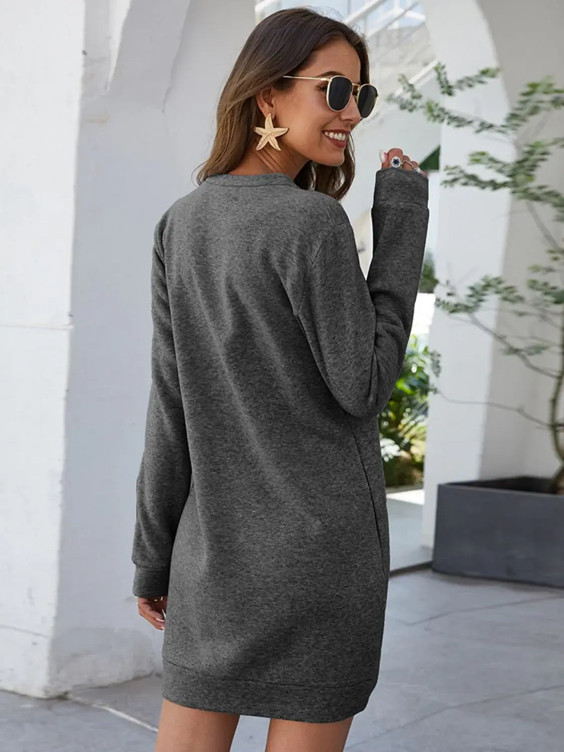 Round Neck Long Sleeve Mini Dress with Pockets - Trendsi - Flyclothing LLC