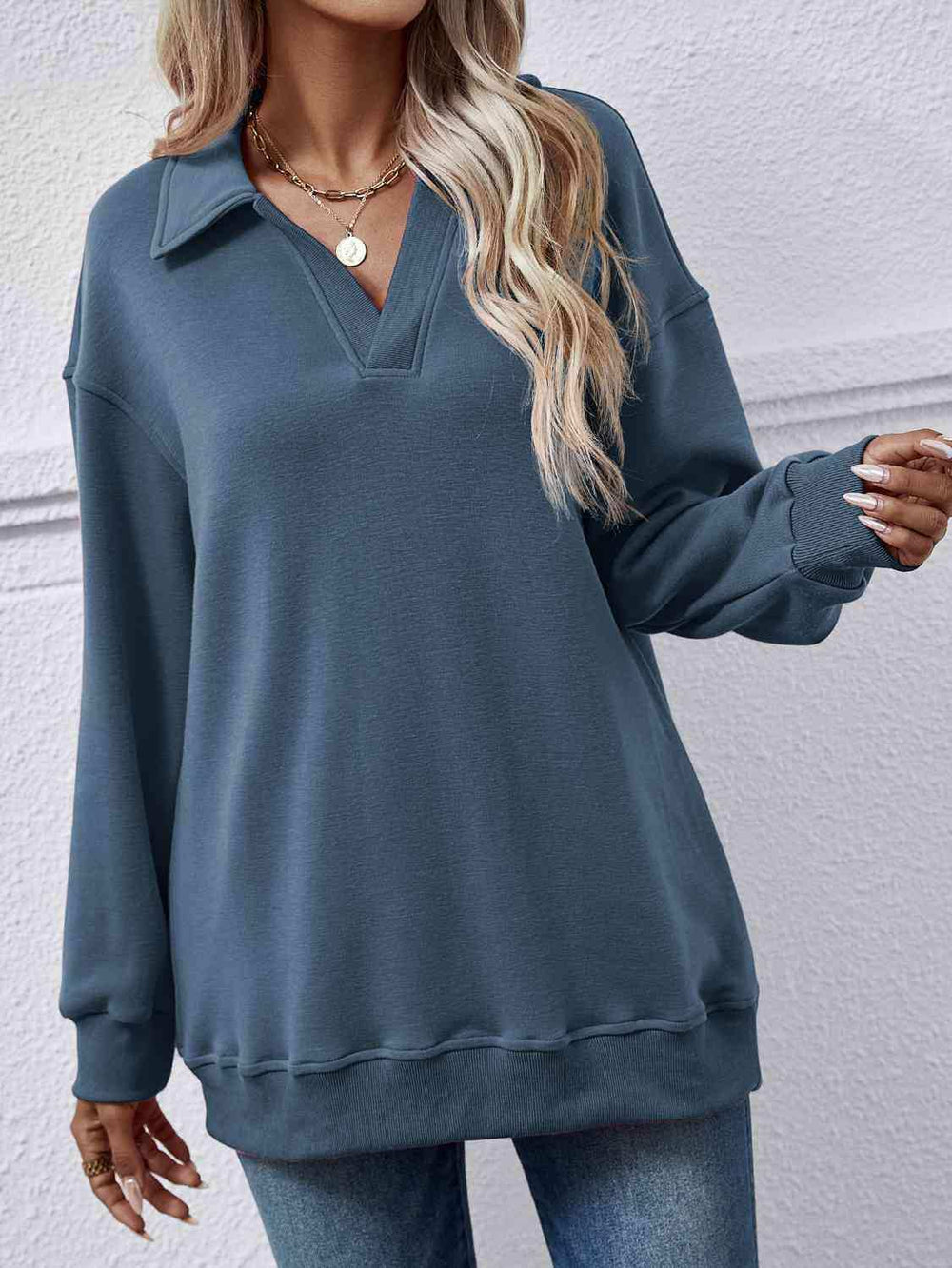 Collared Neck Dropped Shoulder Sweatshirt - Trendsi - Flyclothing LLC