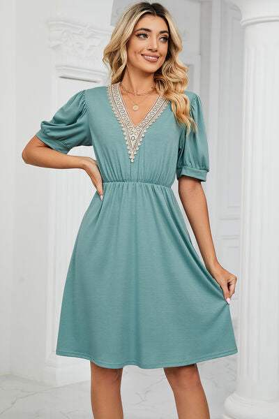 V-Neck Puff Sleeve Dress - Trendsi - Flyclothing LLC