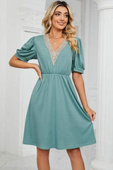 V-Neck Puff Sleeve Dress - Trendsi - Flyclothing LLC